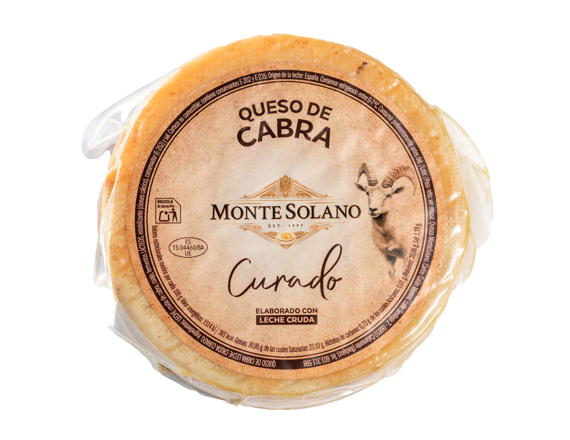 Queso de cabra curado artesano Montesolano de sabor equilibrado en formato de pieza entera de 900g