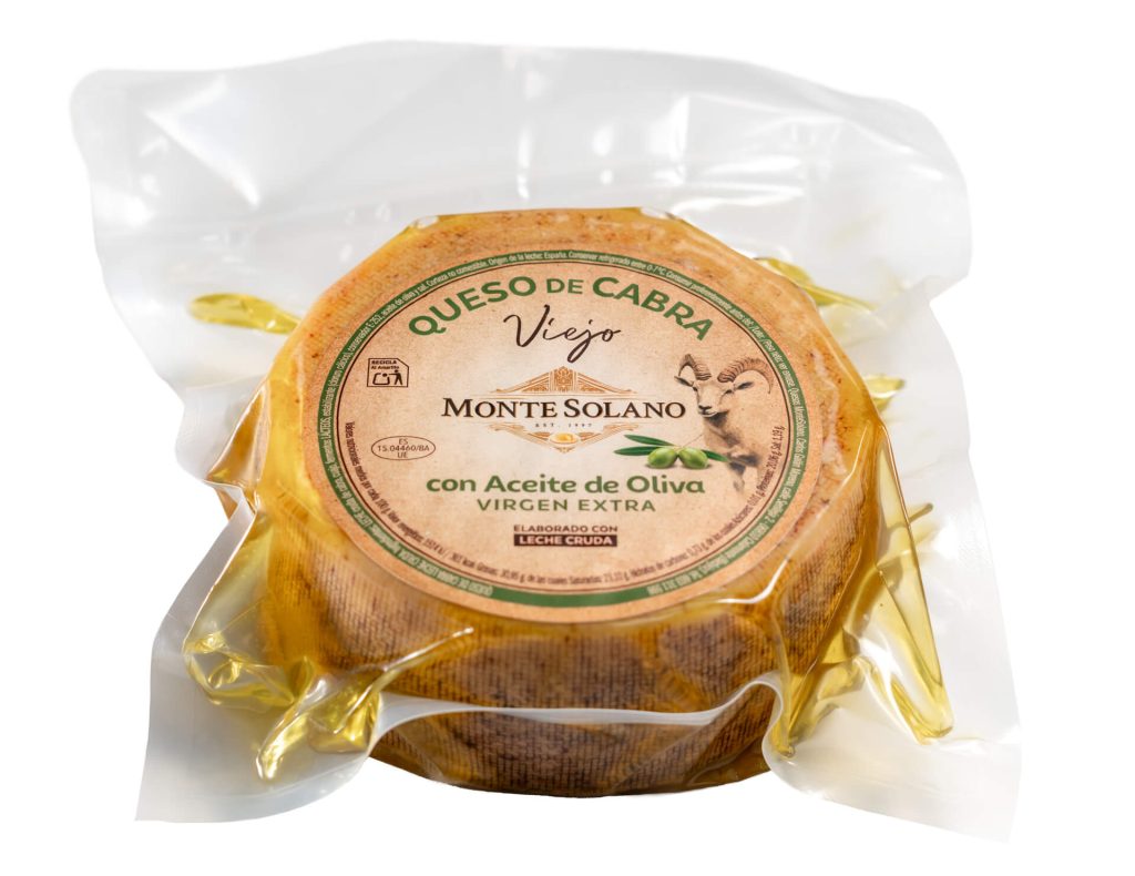 Queso de cabra viejo artesano Montesolano madurado en aceite de oliva virgen extra en formato de pieza entera de 900g