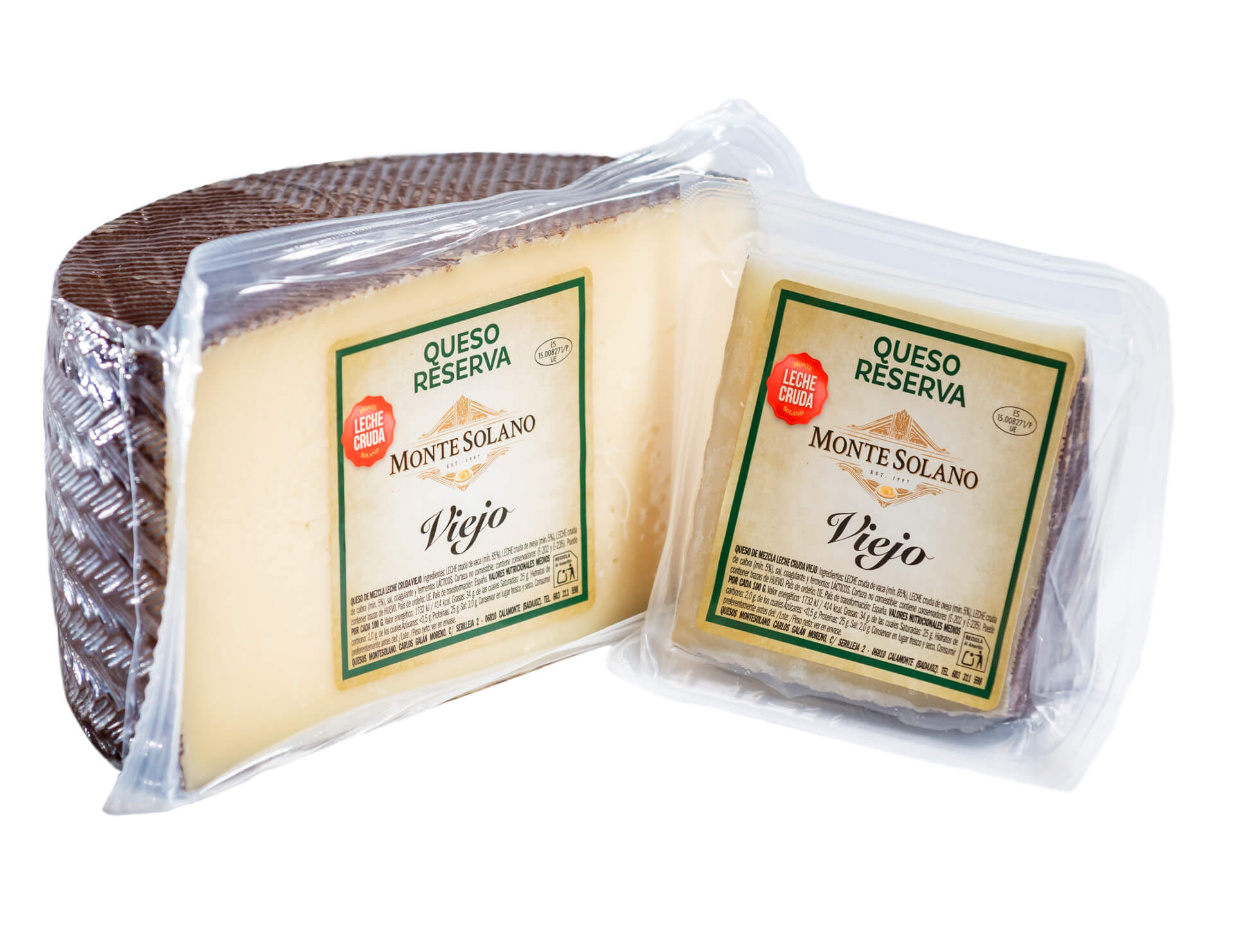 Queso de mezcla añejo reserva Montesolano de sabor intenso en formato de medio queso y cuña