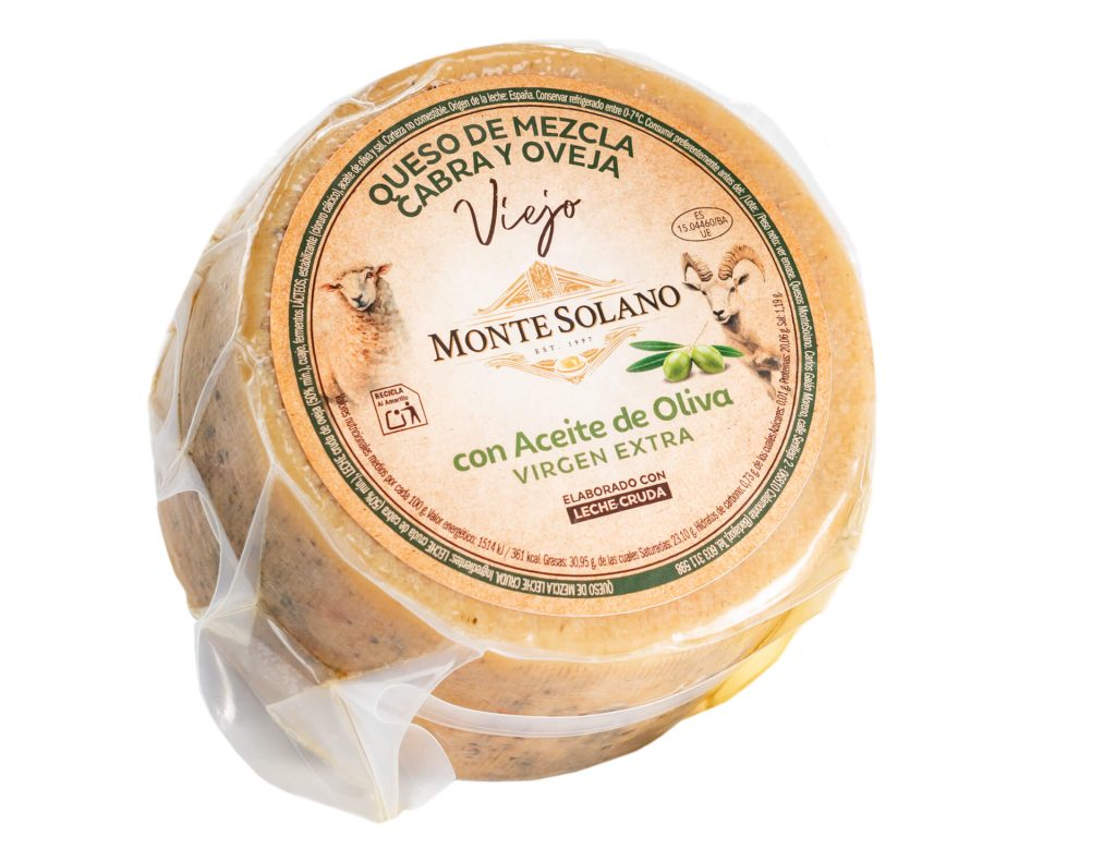 Queso de mezcla cabra oveja viejo artesano Montesolano madurado en aceite de oliva virgen extra en formato de pieza entera de 900g