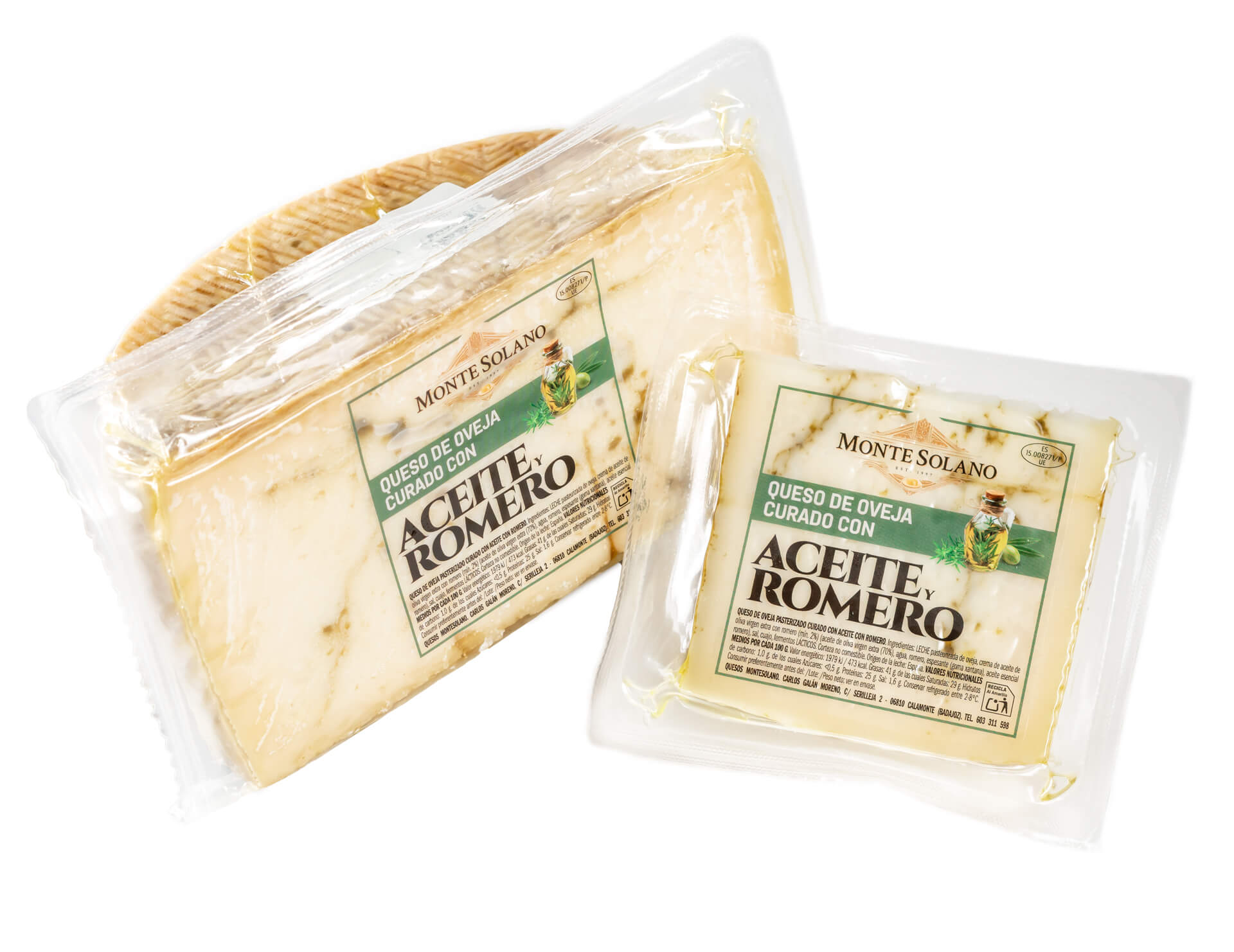 Queso de oveja curado artesano con aceite y romero Montesolano en formato de medio queso y cuña