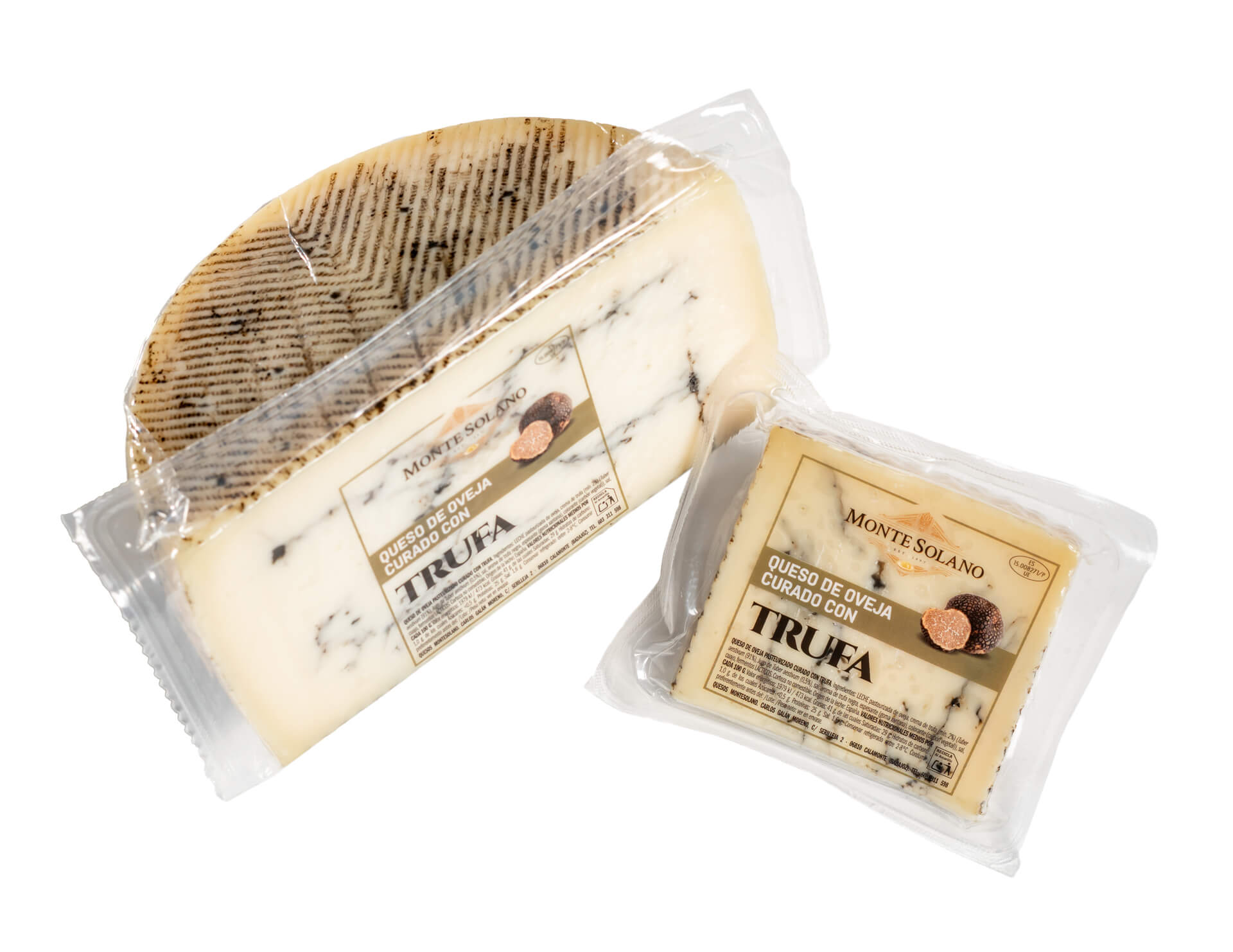 Queso de oveja curado artesano con trufa negra Montesolano en formato de medio queso y cuña